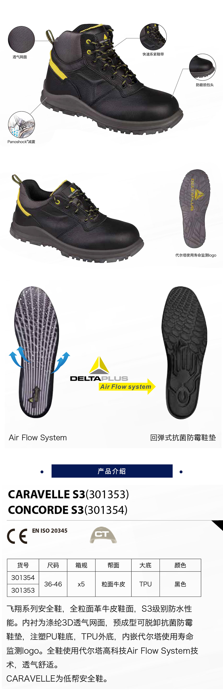 代尔塔 AIR  FLOW无金属TPU中帮S3安全鞋  301354