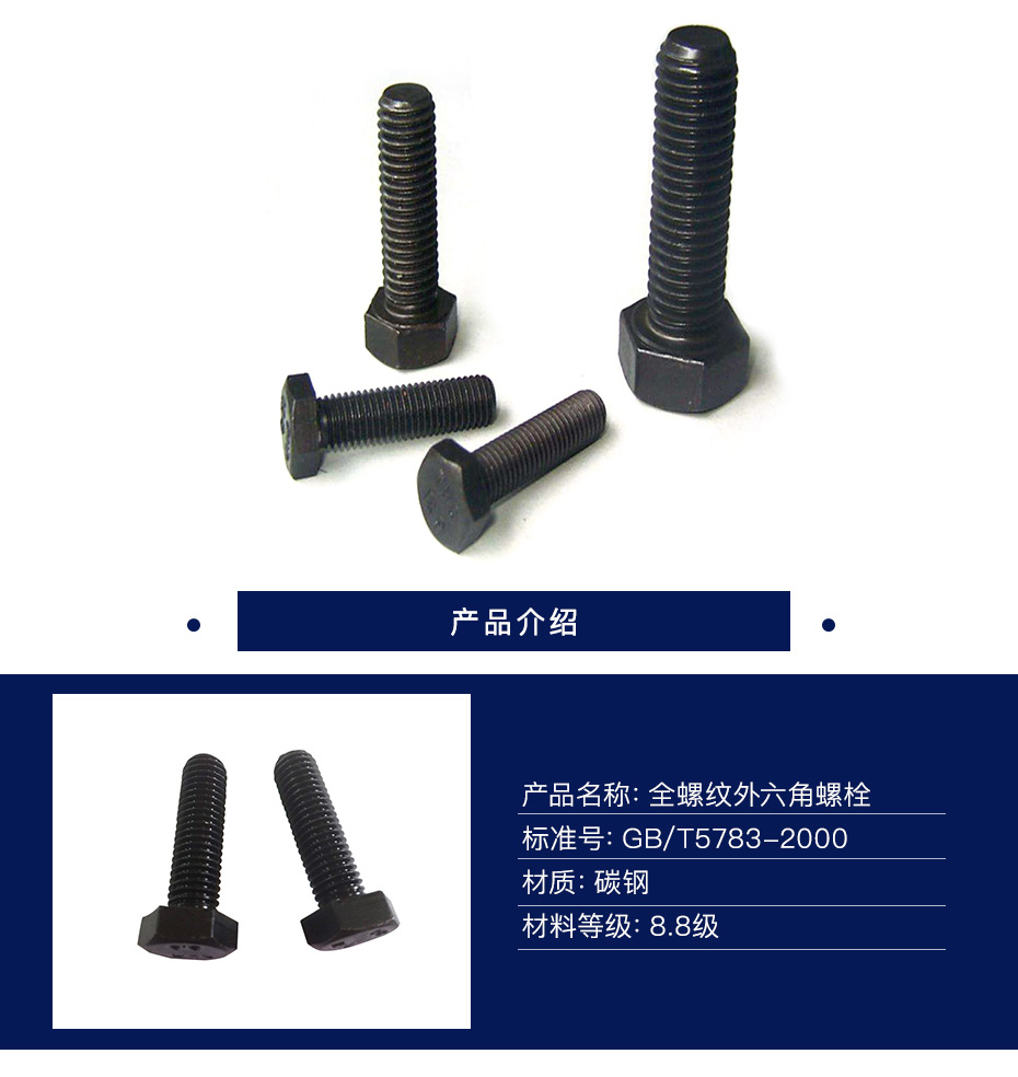 迎燕 六角头螺栓全牙  GB/T5783-2000  碳钢  8.8级   发黑 5*10